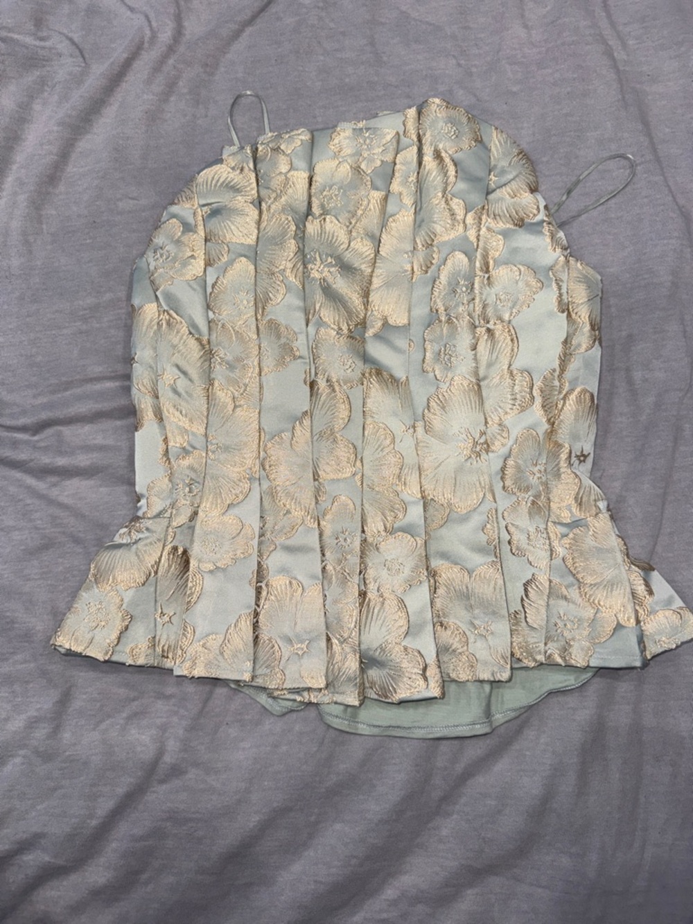 Porridge- Strapless Pale Sage Floral Jacquard Peplum Top - Size Small - Picture 5 of 8